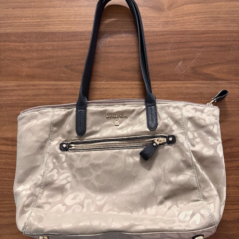 Michael Kors Beige Jacquard Tote Bag Black Handles